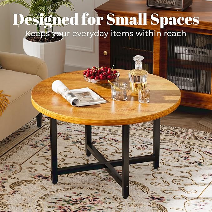 Round Coffee Table, Small Coffee Tables for Living Room, Wood Coffee Table with Metal Frame, Floor Table Desk for Sitting on The Floor, Home, Office, Farmhouse, Honey Brown (23.6"D x 17.7"H)