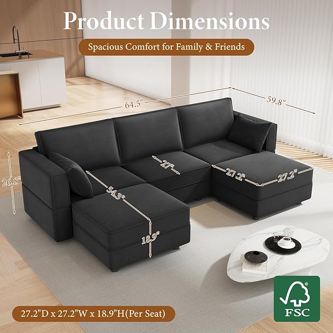 Vesgantti Modular Sectional Sofa with Chaise, Velvet 5 Seat Deep Sofa with Storage, Memory Foam U Shaped Convertible Lounge Couches with 2 Ottoman for Living Room, 3"/5" Height Adjustable Legs, Black