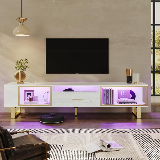 Bestier TV Stand with LED Light for TVs up to 80 Inch, Modern Entertainment Center with Open Storage and Half-Glass Design Drawer, High Gloss Media Console Table for Living Room Bedrom, White and Gold - Image 9