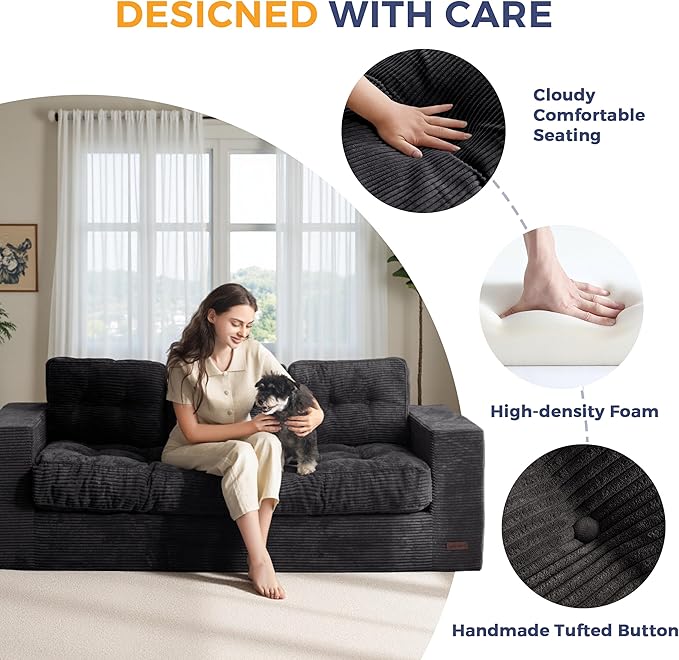 MAXYOYO Oversized Loveseat Sofa Couch, Upholstered Bean Bag Chair Cloud 3-Seat for Adults, Boneless Couch with Tufted Cushion & Pillows, Sofa in A Box, No Assembly Required, Black