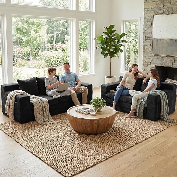 Boneless Loveseat Sleeper Sofa Bed: 3-in-1 Convertible Sofa Bed with Side Pockets & Handle,Pull Out Couch with 2 Pillows,Folding Futon for Small Space,Living Room & Bedroom,Chenille Fabric,No Assembly