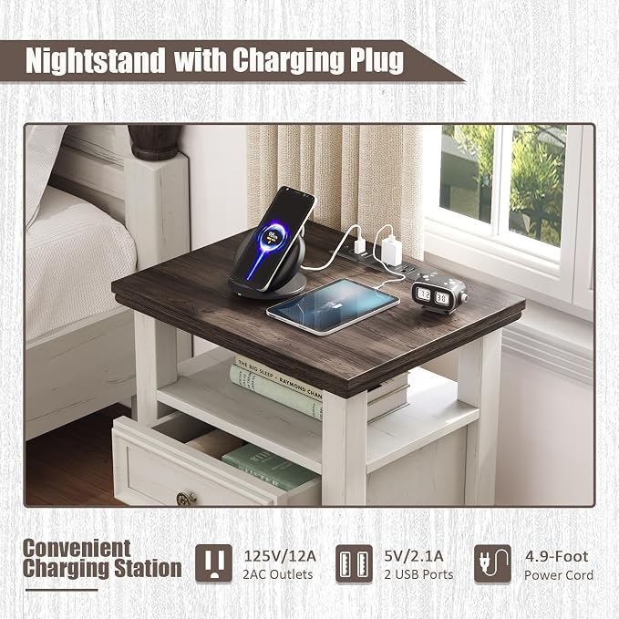 BOSHIRO Antique White Nightstand with Charge Station,Sofa End Table with 2 Drawers & Storage Shelf, Wooden Bed Side Table with USB Ports & Outlets for Bedroom,Home Office - Image 4