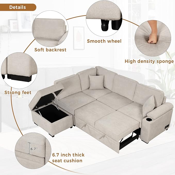 Ball & Cast 84" Convertible Sectional Sofa Bed,L-Shaped Sleeper Couch w/Storage Ottoman,Cup Holder and Charging Stations,Put Out Sofas w/Chaise,for Living Room and Small Apartment,Beige