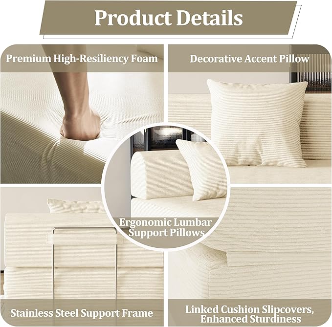 31.5'' Convertible Compressed Corduroy Folding Cloud Sofa Bed, Modern Boneless Pull Out Sleeper Sofa Couch in a Box, 3 in 1 Portable Lazy Floor Lounge Chair, No Assembly Needed, Beige, Pillow, Single