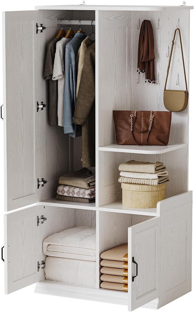 LIKIMIO Armoire Wardrobe Closet, 70" H Wooden Bedroom Armoire with Mirror, 2 Cabinet, Pegboard and a Open Shelf, Large Freestanding Clothing Storage Cabinet with 3 Doors, White