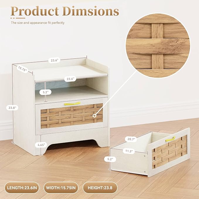 24" Rattan Nightstand, Boho Night Stand with Open Storage, White Bedside Table with Drawer, Bed Side End Table Dresser for Bedroom, Living Room, Hallway - Image 2