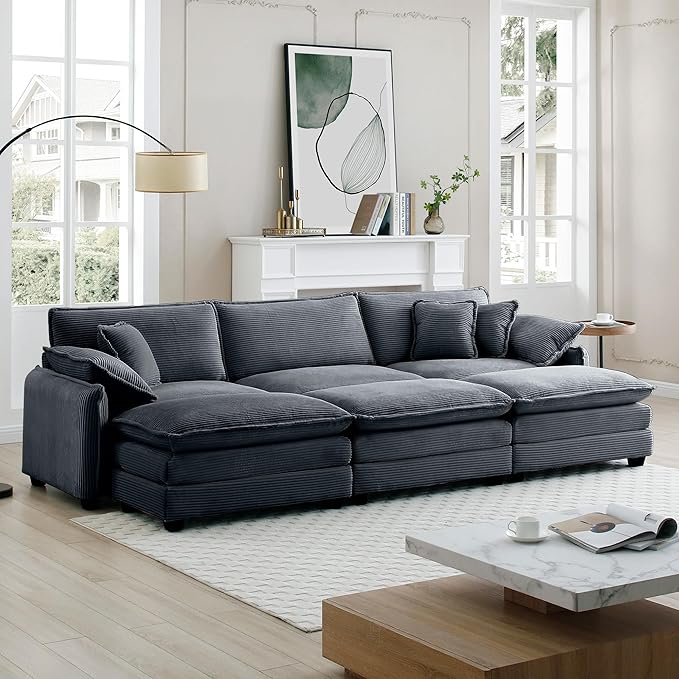KEIKI 115" Oversized Corduroy Modular Sectional Sofa with 3 Ottoman, High-Density Foam Cushions, Removable Armrests, Upholstered 3-Seater Fluffy Corner Couch with 5 Pillow, for Living Room, Grey