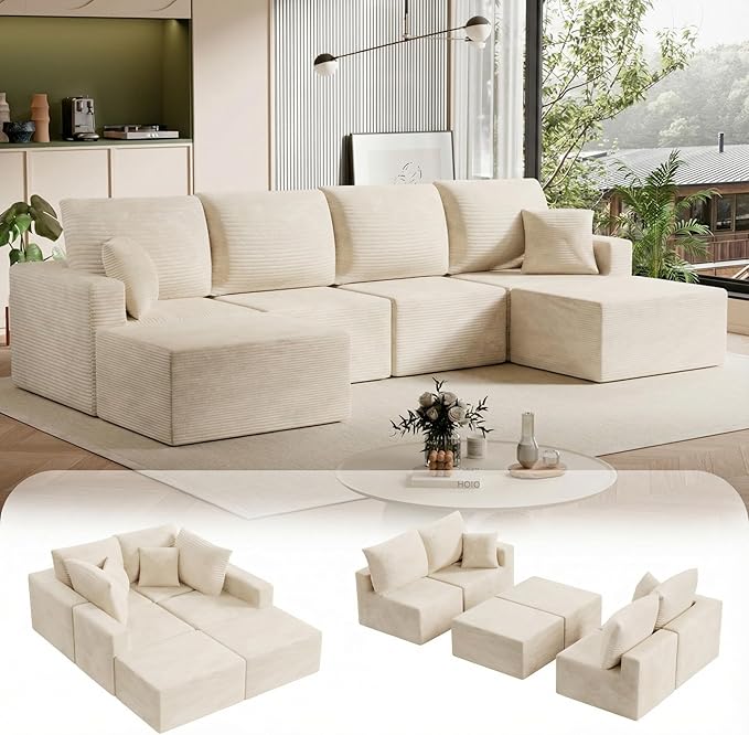 Homall 126" Sectional Couches for Living Room, Modern Fabric Boneless Couch with Deep Seat, Upholstered Cloud Sofa with 2 Ottoman, No Assembly Required (Beige, U Shaped Sofa)