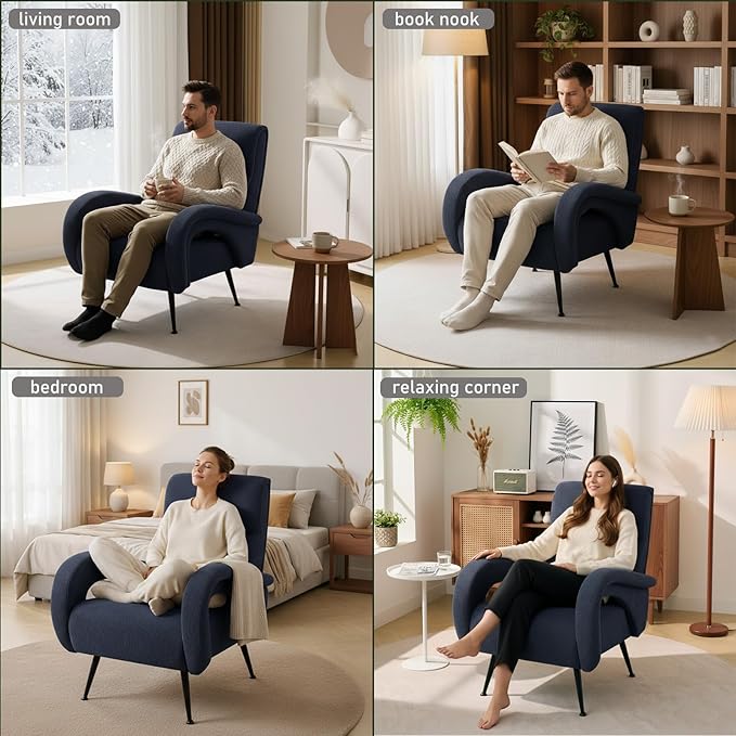Corduroy Living Room Accent Chairs, Comfy High Back Reading Chair with Curved Arms and Solid Legs, Upholstered Armchair for Bedroom, Reading Nook, Apartment, Navy Blue