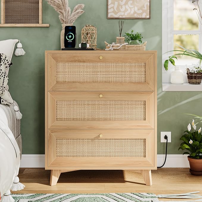 VIAGDO Rattan Nightstand Set of 2 with Charging Station, Natural Rattan Night Stand with 3 Large Wicker Decorated Drawers, Boho Bedside Table, End Side Table, 3 Drawer Dresser for Bedroom - Image 7