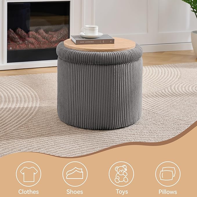 WUTUTUEE Corduroy Storage Ottoman with Flip-Top Tray, Modern Upholstered Ottoman Coffee Table, Dual Leg Options Ottoman Footrest for Living Room, Bedroom, Office, Grey