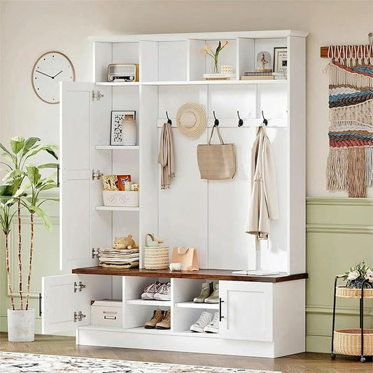 Merax Farmhouse Wood Hall Tree with 6 Hooks and Shoe Bench, Mudroom Versatile Coat Racks with Cabinets and Shelves, Entrance Organizer for Hallway White by Merax