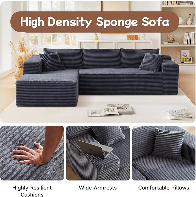 104” Sectional Cloud Couch, L-Shape Compressed Sofa with Left Chaise Lounge, Modern Modular Cloud Couch with 2 Pillows & Deep Seat, Flannel Velvet Floor Sofa for Living Room, Dark Gray