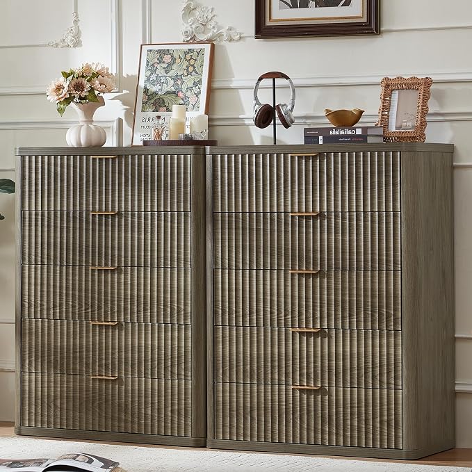 LEYAOYAO Fluted 5 Drawers Dresser Set of 2, 41" Tall Modern Chest of Drawers with Metal Handle, Curved Profile Dresser TV Stand, Wooden Drawer Organizer for Bedroom, Living Room, Hallway,Grey by LEYAOYAO-Findtheshiningpointofyourideallife%EF%BC%81