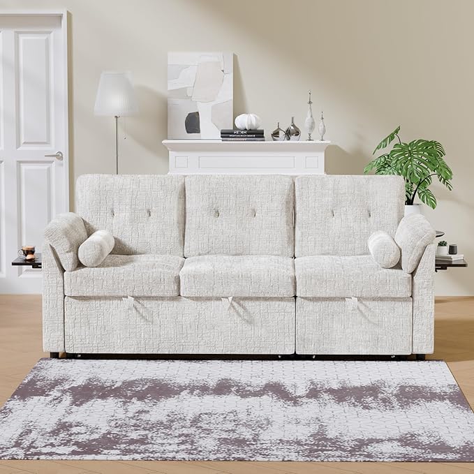 Convertible Queen Sofa Bed, 63 Inch Chenille Pull Out Couch with Side Table, 3 Seat Pull Out Sofa Bed with Level Adjustable Backrest, Comfy Sleeper Sofas for Living Room, Apartment, Beige