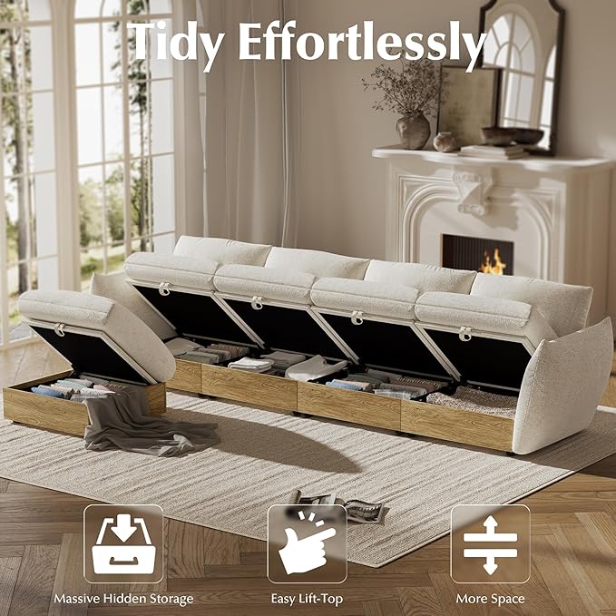 126" L Shaped Cloud Couch Sectional Modular Sofa with Storage, Cotton and Linen Fabrics Modern Oversized Deep Seat Sofa with Armrest Pillow, Easy Assembly for Living Room, Apartment, Ivory