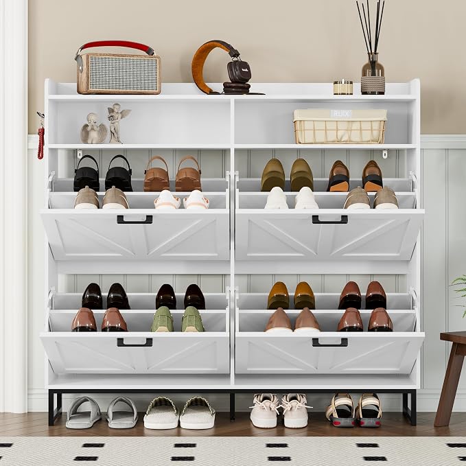 BORNOON Shoe Cabinet with 4 Flip Drawers Narrow Shoe Storage Cabinet Organizer Wooden Freestanding Shoe Rack Hidden Slim Shoes Storage Cabinet for Entryway, Hallway, Living Room, Bedroom - Image 7