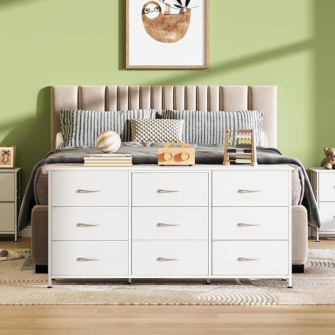 WLIVE 54''W Dresser for Bedroom, White Dresser TV Stand for 55, 60, 65 inch TV, Wide Chest of Drawers with 9 Drawer, Large Entertainment Center, Fabric Dressers with Wood Top for Closet, Living Room - Image 2