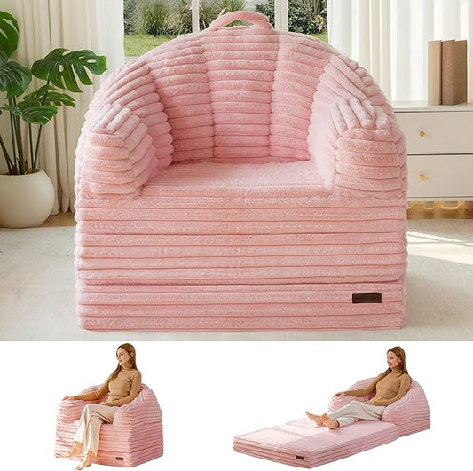 MAXYOYO Folding Sofa Bed, 2 in 1 Convertible Sofa to Lounger Comfy Faux Fur Bean Bag Chair for Adults, Floor Single Sleeper Couch Chair with Handle, Couch Bed for Living Room Bedroom, Pink