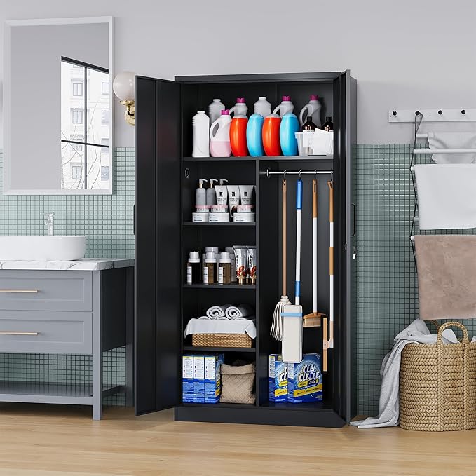 Metal Armoire Wardrobe Closet,72" Metal Storage Cabinet with Lock, 18" D x 36" W Broom Closet with Adjustable Shelves and Hanging Rods, Steel Wardrobe for Home,Bedroom,Office,Employee