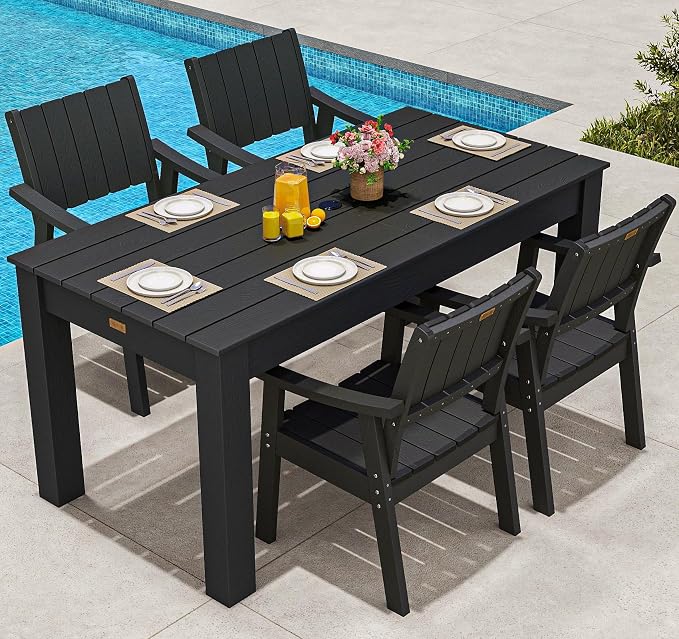 ZHUSI Patio Table and Chairs Set, Outdoor Table and Chairs,HDPE Outdoor Dining Set with Umbrella Hole for Backyard, Poolside, Porch (Black, 5 PCS) by ZHUSI