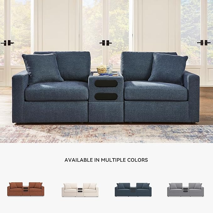 Signature Design by Ashley Modmax Contemporary Modular Stain Resistant 3-Piece Sectional with Audio Console, Drawer Storage, USB Ports and 2 Accent Pillows, Blue
