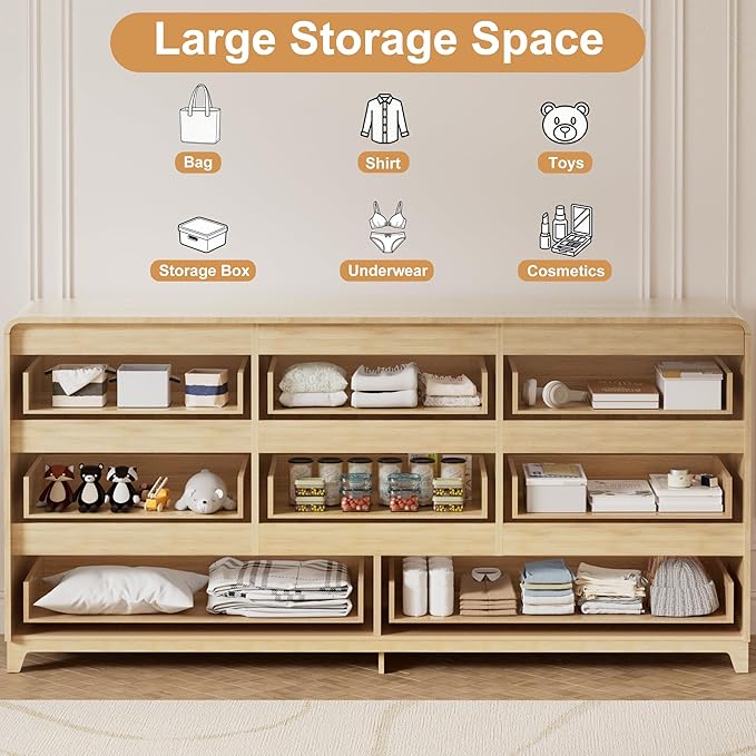 3 Piece Bedroom Furniture Set 8 Drawer Fluted Dresser & 2 Nightstand Sets with Metal Handle, Charging Station & Storage Cabinet, Modern Design for Bedroom/Living Room, Natural