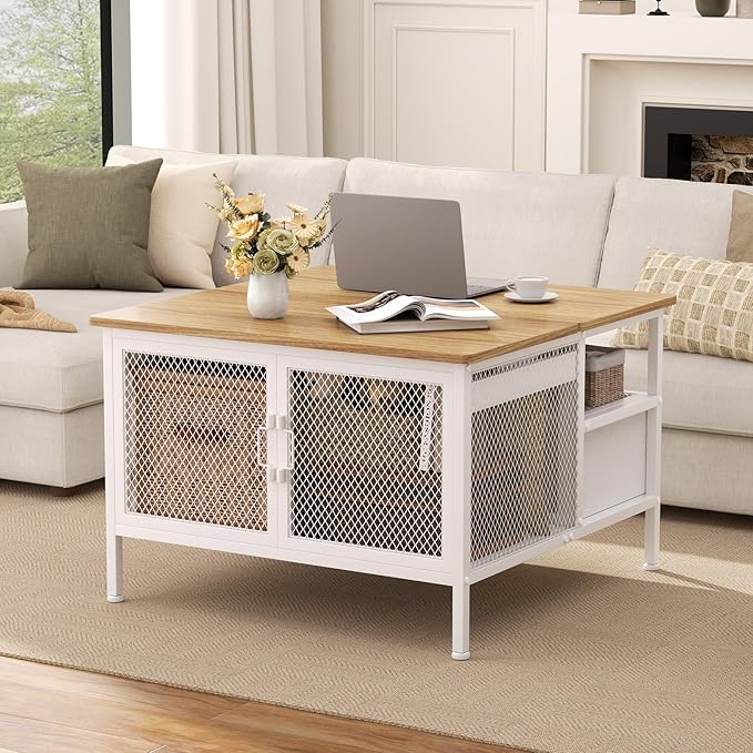 FABATO Lift Top Coffee Table, Square Coffee Table Metal Wood, Farmhouse Lift Up Coffee Tables Cocktail Table with Wire Mesh Barn Door and Storage, Steel Frame, Small Tea Tables for Living Room, White