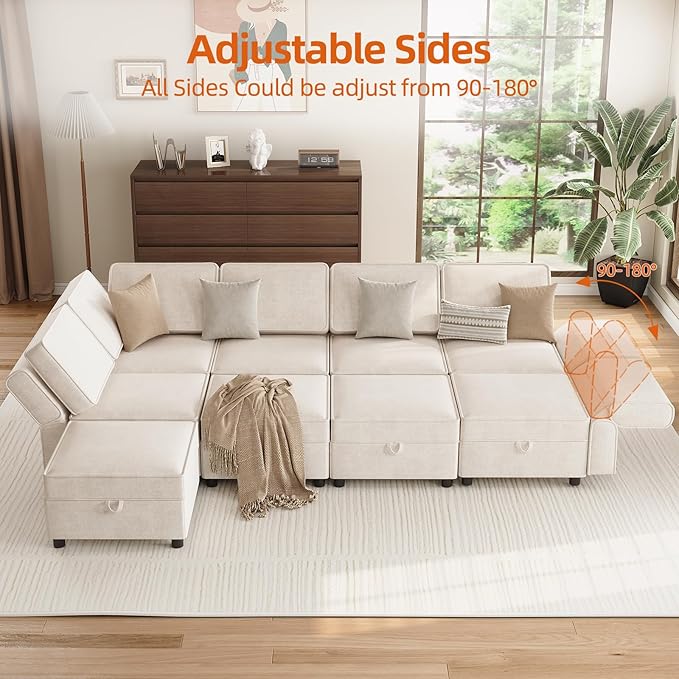 GAOMON Modular Sectional 9-Seat Sofa, L Shaped Sectional Couch with Removable Storage Ottoman, Convertible Sleeper Sofa Suitable for Living Room, Bedroom, and Apartments, Beige