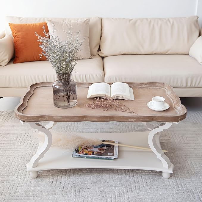 COZAYH Rustic Farmhouse Cottagecore Coffee Table, Natural Tray Top Sofa Table for Family, Dining or Living Room, Small Spaces, Handcrafted Finish, Modern