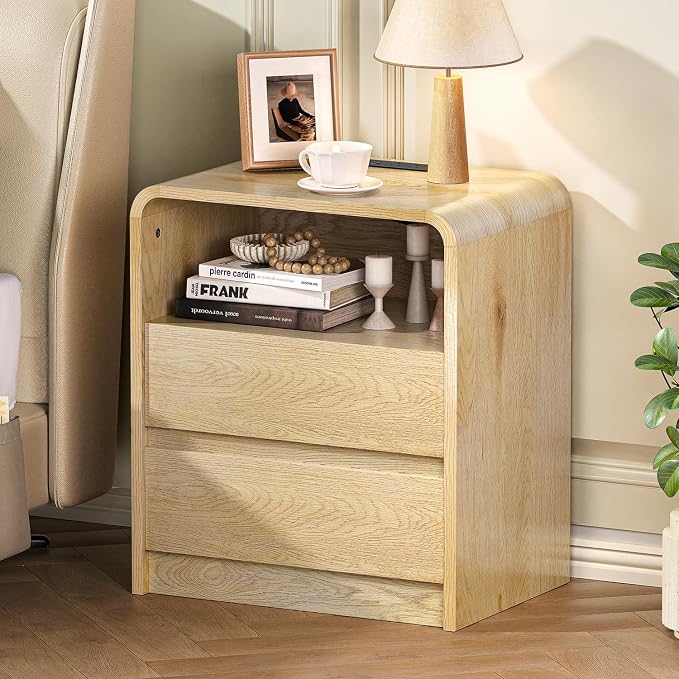 Modern Night Stand with Charging Station, 25" Tall Wood Nightstand Bedside Table with 3 Drawers & USB Ports, Mid-Century End Table for Bedroom (2, Nature Smooth, 2 Drawers) - Image 4
