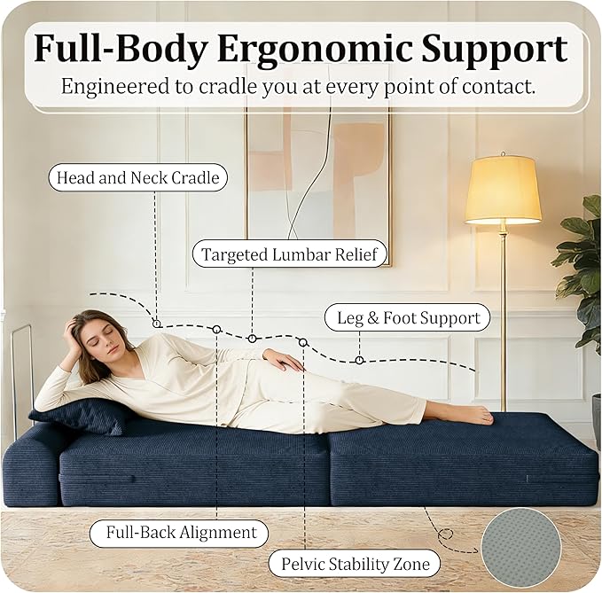 31.5'' Convertible Compressed Corduroy Folding Cloud Sofa Bed Set of 2, 2 Pieces Modern Boneless Pull Out Sleeper Sofa Couch, 3 in 1 Portable Floor Lounge Chair Set, No Assembly Needed, Navy Blue