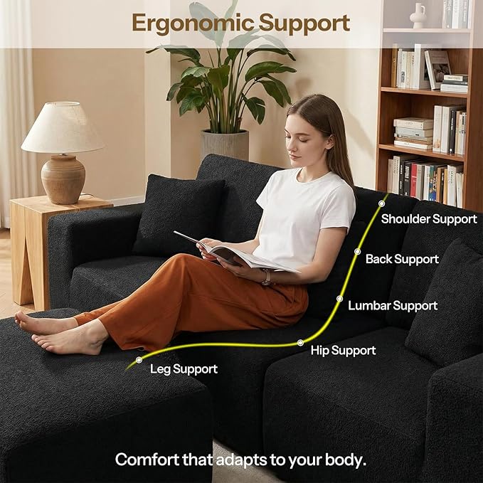 Life Balance Modular Sectional Sofa for Living Room, 106 Inch L-Shape 4-Seat Couches with Chaise, Modular Design Easy to Assemble, Cloud Soft Fabric, Black (Sherpa Fabric)