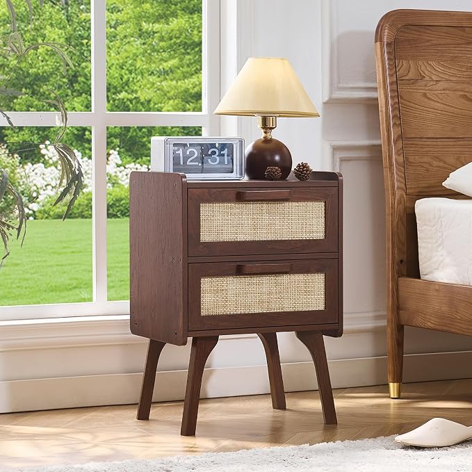 Lerliuo Rattan Night Stand, Boho 2 Drawers Nightstands, Walnut Bed Side End Tables with Solid Wood Legs, Bedside Table for Bedroom, Dorm and Small Spaces - Image 2