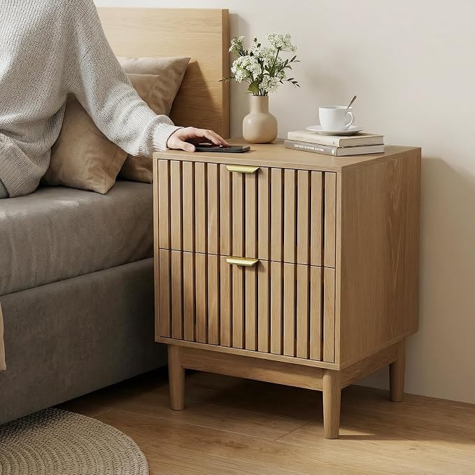 Kiasthome Mid-Century Wood Nightstand with 2 Drawers, Fluted Front Bedside Table, Functional End Table for Bedroom & Living Room (Light Oak (2-Pack)) - Image 3