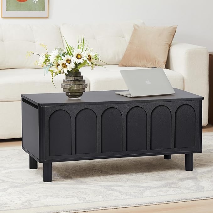 Lift Top Coffee Table with Arched Finish, Modern Coffee Table with Lifting Tabletop & Hidden Storage, Wood Center Table for Living Room,Convenient for Dining, Gaming or Working (Black)