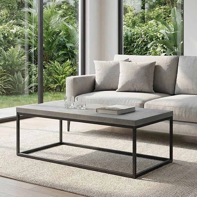 CENSI 47-Inch Large Grey Marble Accent Coffee Table/Center Table for Living Room, Rectangle Modern Industrial Style,Wood and Metal, Max.Loading 220 lbs. (Concrete)