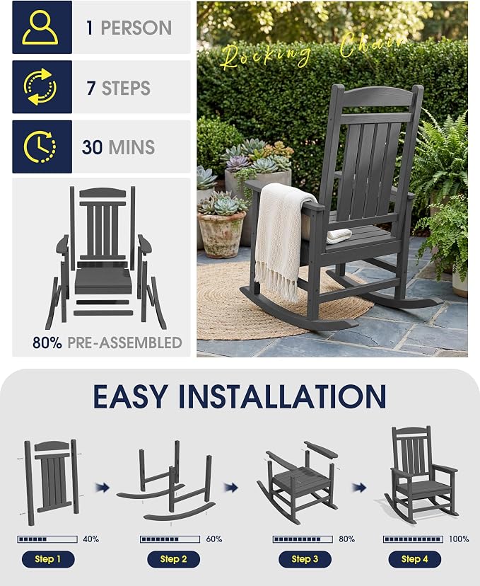 KINGYES Oversized Outdoor Rocking Chairs, HDPE All-Weather Patio Rocking Chairs High Back Porch Rocker for Adult, Gray - Image 7