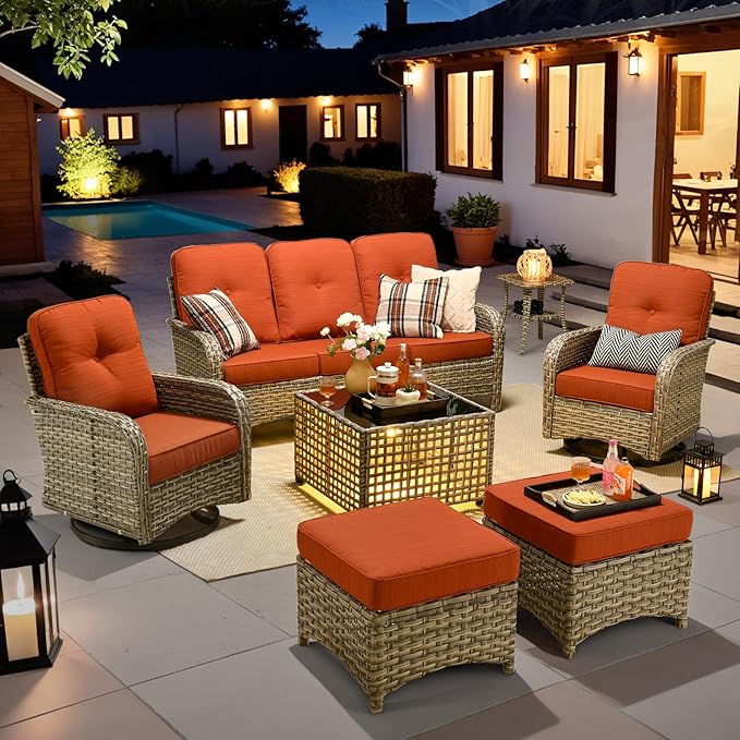 HOOOWOOO Outdoor Patio Furniture Set with Light Table,7 Pieces Wicker Conversation Set,All Weather High Back Couch Sofa Swivel Chairs Ottomans Set,Orange Red