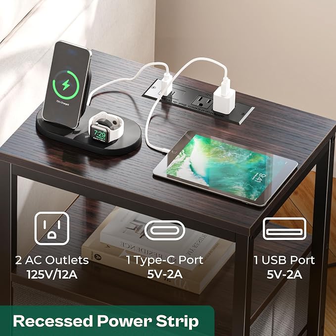Huuger Nightstand with Charging Station, Fabric Drawers, End Table with Open Shelf, Bedside Table with USB Ports and Outlets, Night Stand for Bedroom, Walnut - Image 4