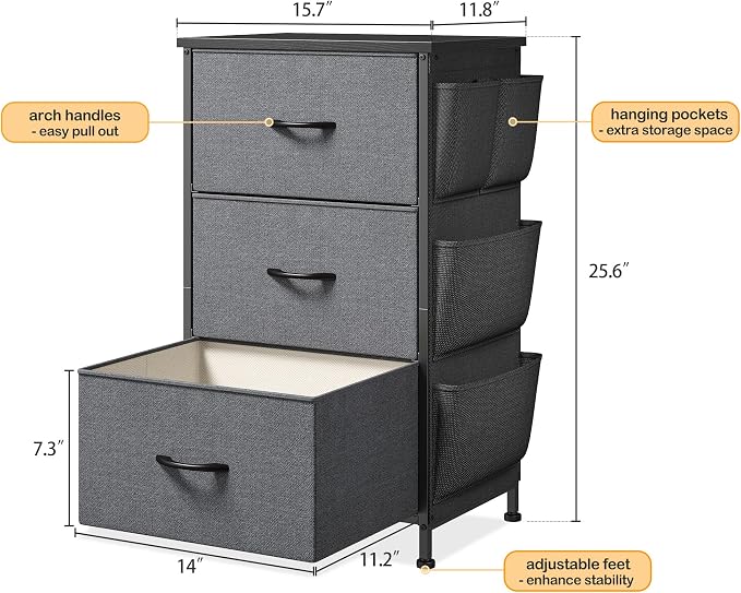Tall Nightstand, Night Stand with Drawers for Bedroom, Bedside Table with Wooden Top, Sturdy Steel Frame End Table, Dorm Nightstand for Bedroom, Entryway, Hallway, Closet, Cloth Bags, Hooks, Grey - Image 3