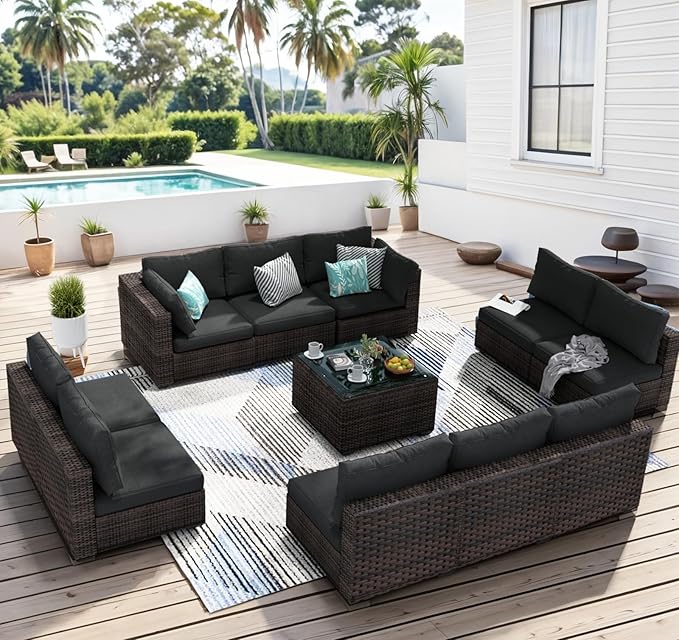 11 Piece Patio Furniture Set All Weather PE Rattan Outdoor Sectional Sofa Couch with No-Slip Cushions and Glass Top Table for Garden, Poolside, Backyard (Black)