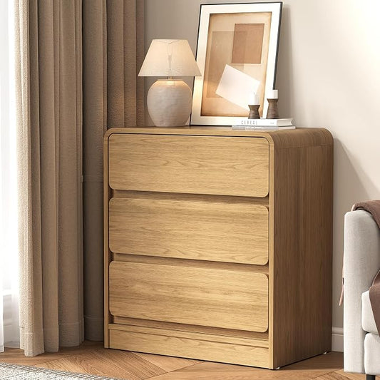 RoyalCraft Oak 3 Drawer Nightstand, Modern Night Stand with Drawers, Wood End Table with Storage and Curved Design, Small Dresser for Bedroom, Home Office, Entryway, Natural Wood by Bringyoubetterlife