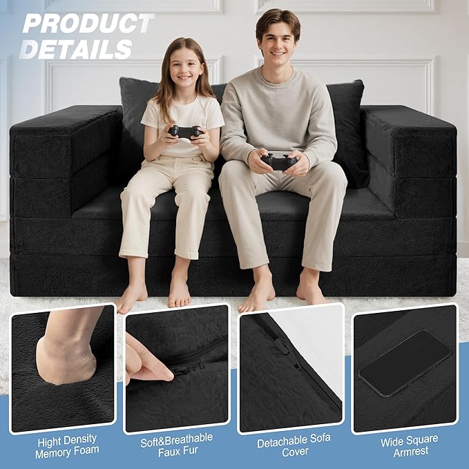 Futon Sofa Bed with Pillow, 3-in-1 Sleeper Sofa Bed with Removable Cover, Convertible Floor Sofa Bed, No Assembly Boneless Couch for Living Room, Bedroom