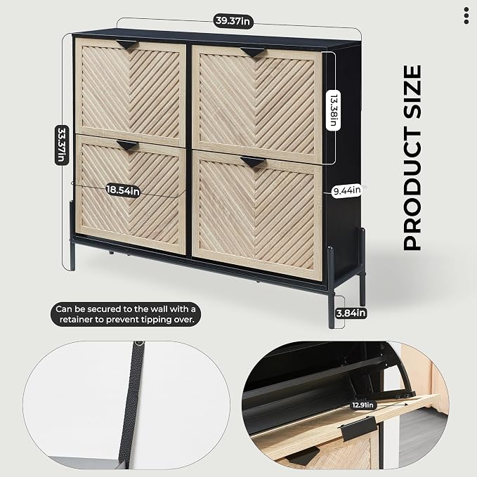 Shoe Cabinet Storage with 4 Flip Drawers, Narrow Hidden Shoes Organizer Cabinet for Entryway, Freestanding Slim Shoe Rack Front Door Entrance(Oak&Black) - Image 2