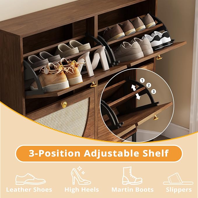 IRONCK Rattan Shoe Cabinet Storage with 4 Flip Drawers, Freestanding Shoe Storage Organizer Cabinet for Entryway, Narrow Shoe Rack Cabinet, Walnut - Image 5