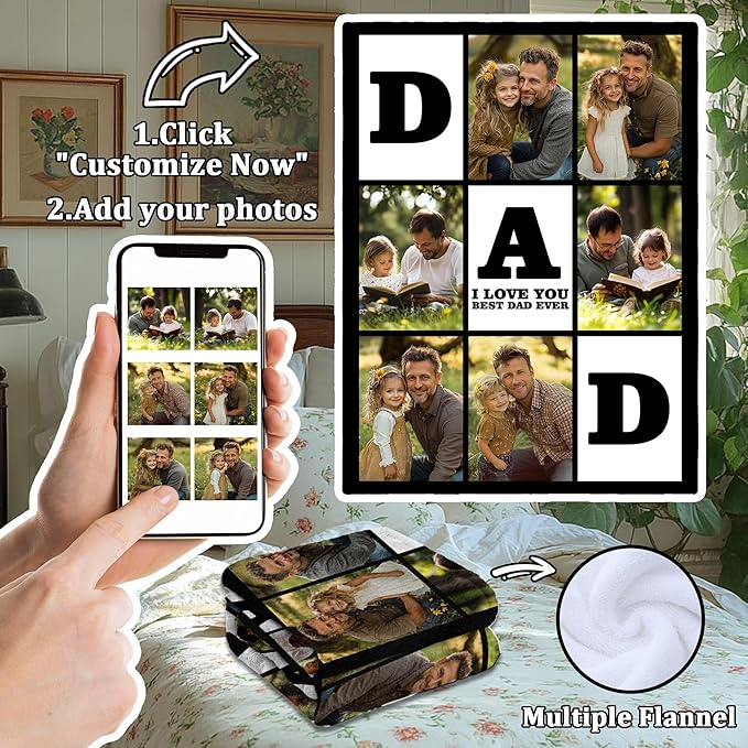 Custom Blanket with Pictures Text, Personalized Photo Blanket for Christmas Birthday, Customized Gifts for Mom Dad Kids Husband Wife Boyfriend Girlfriend Couple Friend Family