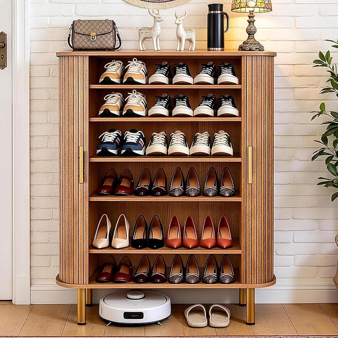 Shoe Cabinet Storage for Entryway: 6-Tier Shoe Cabinet with Adjustable Shelves & Sliding Doors, Mid-Century Modern Freestanding Shoe Storage Organizer for Entryway, Hallway, Living Room by Unknown