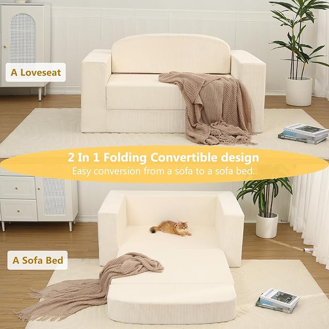 MeMoreCool Convertible Sofa Bed – Small Beige Corduroy Loveseat Sleeper, Boneless Fold-Out Cloud Couch with Foam, Trifold Floor Futon with Washable Cover for Bedroom, Apartment, Guest Room