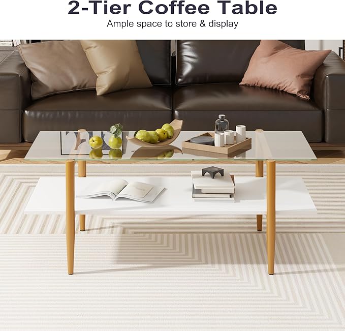 Glass Coffee Table, Rectangle Living Room Center Table with Golden Legs, Mid-Century Modern Accent Tables with Open Shelf for Living Room, Office, White